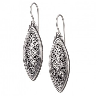 Gerochristo 1714Ν~ Sterling Silver Medieval Byzantine Filigree Navette Long Earrings