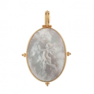 Solid Gold Intaglio Seal Stone Mother of Pearl Pendant with Eros ~ Savati 312