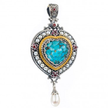 Gerochristo P3290N ~ Sterling Silver Medieval Multi-Stone Imperial Heart Pendant with Gold Accents