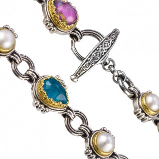 Gerochristo P4109N ~ Sterling Silver Medieval Byzantine Multicolor Pearls & Stones Necklace