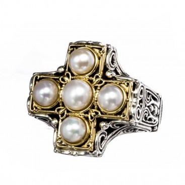 Gerochristo 2239N ~ 18K Gold & Silver Byzantine Cross Ring with Pearls