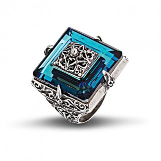 Silver and Blue Swarovski Crystal Square Cocktail Ring ~ Dimitrios Exclusive D177