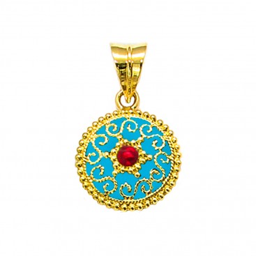 18K Solid Gold and Turquoise Enamel Ornate Round Charm Pendant with Ruby - A