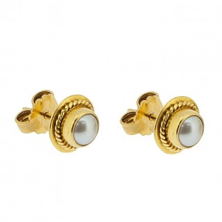 18K Solid Gold Small Stud Earrings with Pearls ~ Savati 363