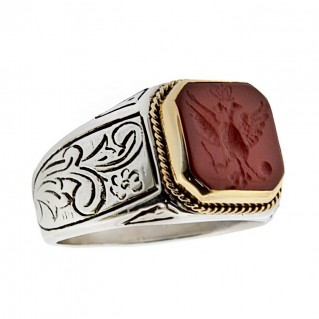 Solid Gold & Silver Intaglio Seal Stone Carnelian Ring with Carved Double Headed Eagle ~ Savati 373