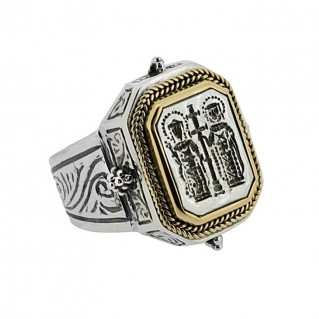 22K Gold and Silver St Constantine and Helen Signet Ring ~ Savati 374
