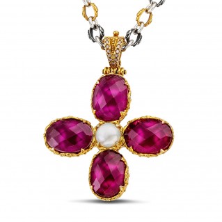 Silver Pendant Necklace with Oval Gemstones and Two-Tone Chain ~ Dimitrios Exclusive M193-2ST