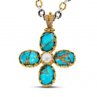 Silver Pendant Necklace with Oval Gemstones and Two-Tone Chain ~ Dimitrios Exclusive M193-2ST