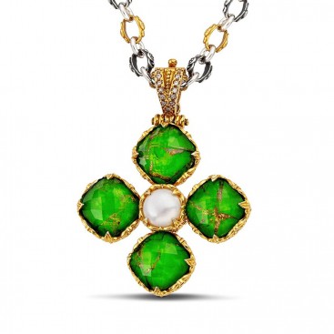 Silver Pendant Necklace with Square Gemstones and Two-Tone Chain ~ Dimitrios Exclusive M192-2