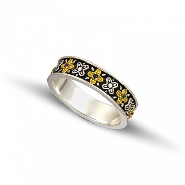Sterling Silver and Gold Plated Silver Ornate Multi-Stone Band Ring