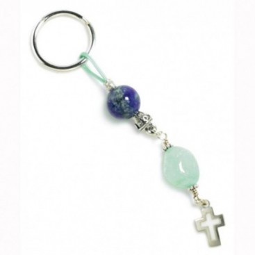 Lapis Lazuli, Aquamarine & Sterling Silver ~ Keyring-Key Chain with Cross
