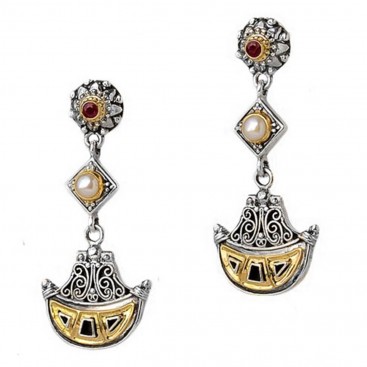Gerochristo 1287 ~ Solid Gold, Silver, Pearls & Rubies Byzantine Medieval Earrings