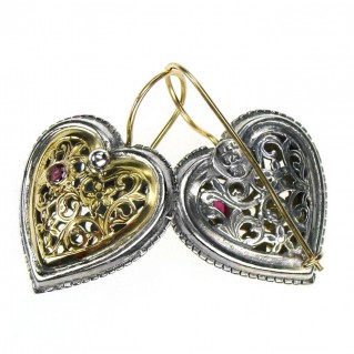 Gerochristo 1354 ~ Solid Gold, Silver & Rubies Filigree Heart Earrings