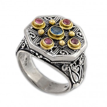 Gerochristo 2222 ~ Solid Gold, Silver & Stones - Medieval Byzantine Multicolor Ring