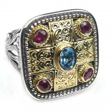 Gerochristo 2440 ~ Solid Gold, Silver, Topaz & Rubies - Medieval-Byzantine Ring