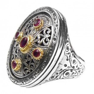 Gerochristo 2458 ~ Solid Gold, Silver & Rubies - Medieval Byzantine Cross Ring