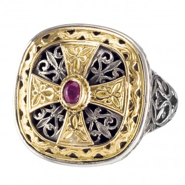 Gerochristo 2499 ~ Solid Gold, Silver & Ruby - Medieval-Byzantine Cross Ring