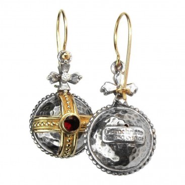 Gerochristo 3063 ~ Solid 18K Gold, Sterling Silver & Garnet Medieval-Byzantine Earrings