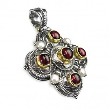 Gerochristo 3112 ~ Solid Gold, Sterling Silver & Pearls Byzantine-Medieval Cross Pendant