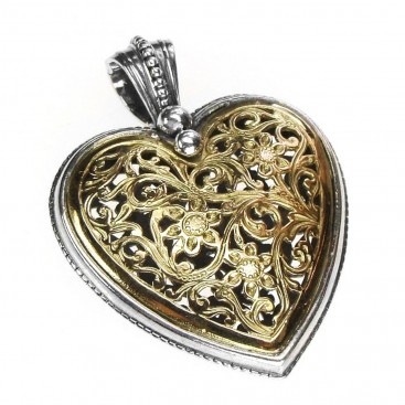 Gerochristo 3237 ~ Solid 18K Gold & Sterling Silver - Large Filigree Heart Pendant