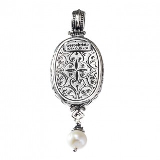Gerochristo 3345 ~ Filigree Medieval-Byzantine Pendant- Sterling Silver & Pearl