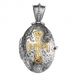 Gerochristo 3360 ~ Solid 18K Gold & Silver Engraved Locket Pendant with Cross