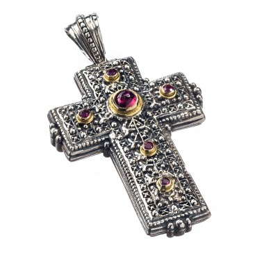 Gerochristo 5123 ~ Solid Gold, Sterling Silver & Gemstones Medieval-Byzantine Cross Pendant