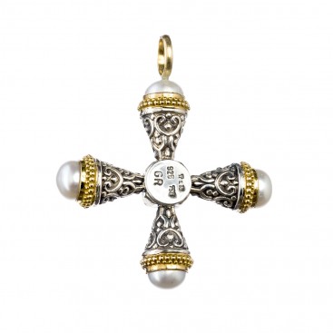 Gerochristo 5297 ~ Solid Gold, Silver & Pearls Byzantine Cross Pendant