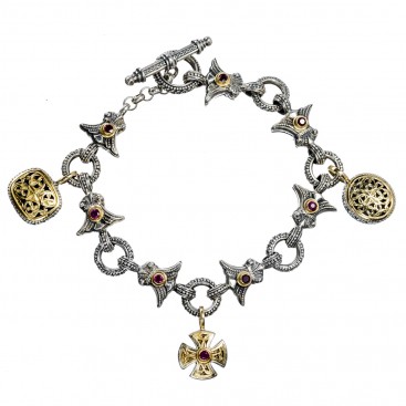 Gerochristo 6259~ Solid 18K Gold & Sterling Silver Medieval Link Bracelet with Charms
