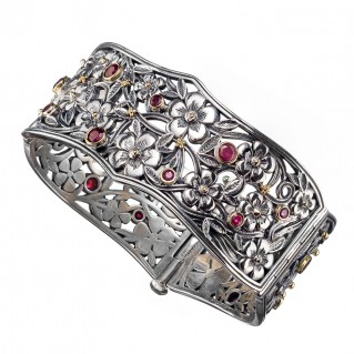 Gerochristo 6328N ~ Solid Gold, Silver & Rubies Floral Bangle Bracelet