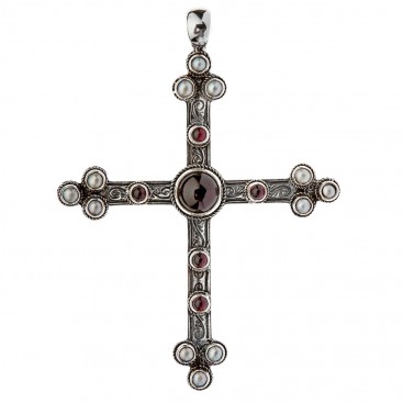Savati Sterling Silver Large Byzantine Budded Cross Pendant with Garnet