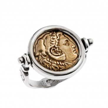 Savati Alexander the Great and Zeus - Bronze and Silver Swivel Flip Coin Ring