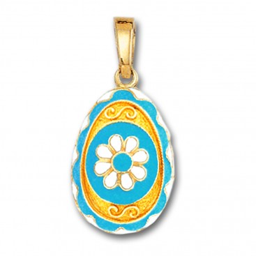 Egg pendant with Rosette flower ~ 14K Solid Gold and Hot Enamel - A/Large