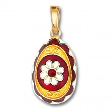 Egg pendant with Rosette flower ~ 14K Solid Gold and Hot Enamel - A/Large
