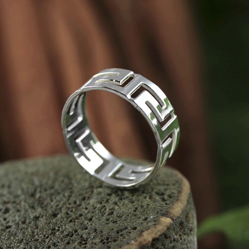 thumbnail image 2 of 30mm Sterling Silver 925 Greek Key Hoop Earrings – Meander 3D Motif – Goldum NYC 2 of 5