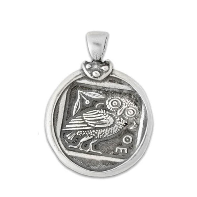 Sterling Silver Square Athena's Owl Tetradrachm Coin Pendant Amulet W/ Pearl 
