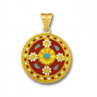 18K Solid Gold and Red Enamel Ancient Floral Pendant - L