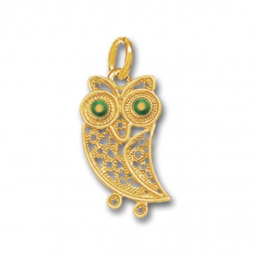 Wise Little Owl ~ 14K Solid Gold and Enamel Filigree Pendant - A/S