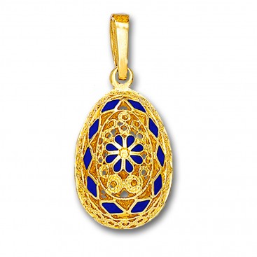 Ornate Rosette Filigree Egg Pendant ~ 14K Solid Gold and Hot Enamel A/XLarge