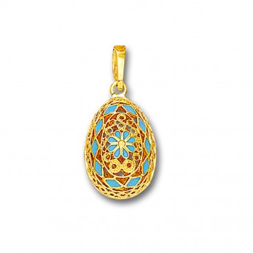 Ornate Rosette Filigree Egg Pendant ~ 14K Solid Gold and Hot Enamel A/Small