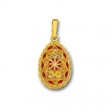 Ornate Rosette Filigree Egg Pendant ~ 14K Solid Gold and Hot Enamel A/Small