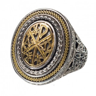 Gerochristo 2969N ~ Chi Rho-Chrismon - Solid Gold & Silver Medieval Poison Ring