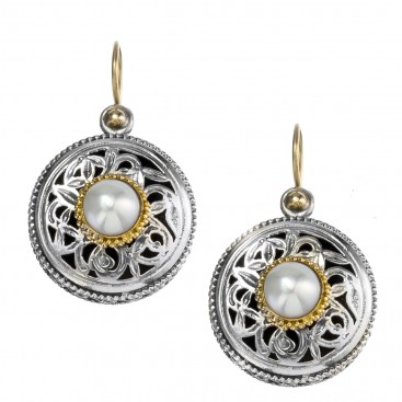 Gerochristo 1118N ~ Solid Gold, Silver & Pearls - Medieval Byzantine Drop Earrings