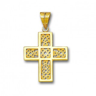 18K Solid Gold Filigree Latin Cross Pendant - A