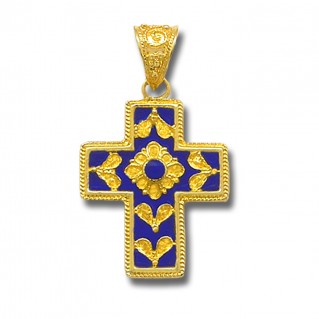 18K Solid Gold and Blue Enamel Ornate Byzantine Cross Pendant -C