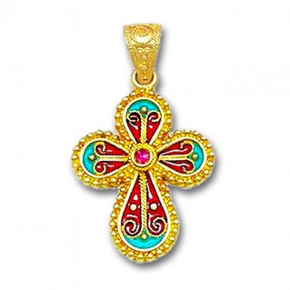 18K Solid Gold and Hot Enamel Ornate Rounded Cross Pendant with Ruby A