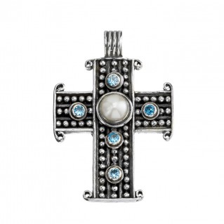 Gerochristo 5464N ~ Sterling Silver & Stones Medieval Dot Cross Pendant