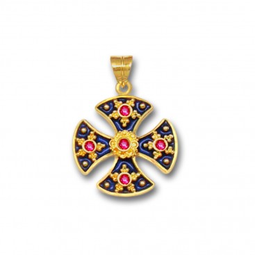 18K Solid Gold and Hot Enamel Maltese Canterbury Ruby Cross Pendant A/S