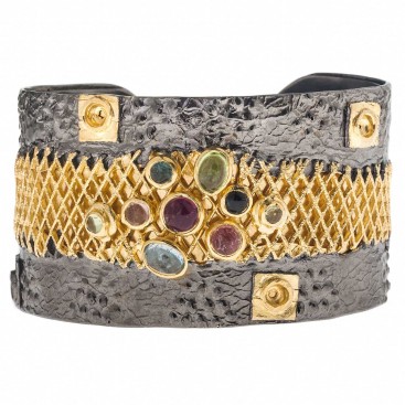Polemis 2001 ~ Sterling Silver Wide Cuff Bracelet with Gemstones