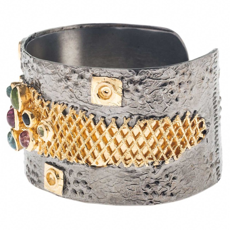 Polemis Silver Wide Cuff Bracelet – Silver, Gold and Gems | CultureTaste